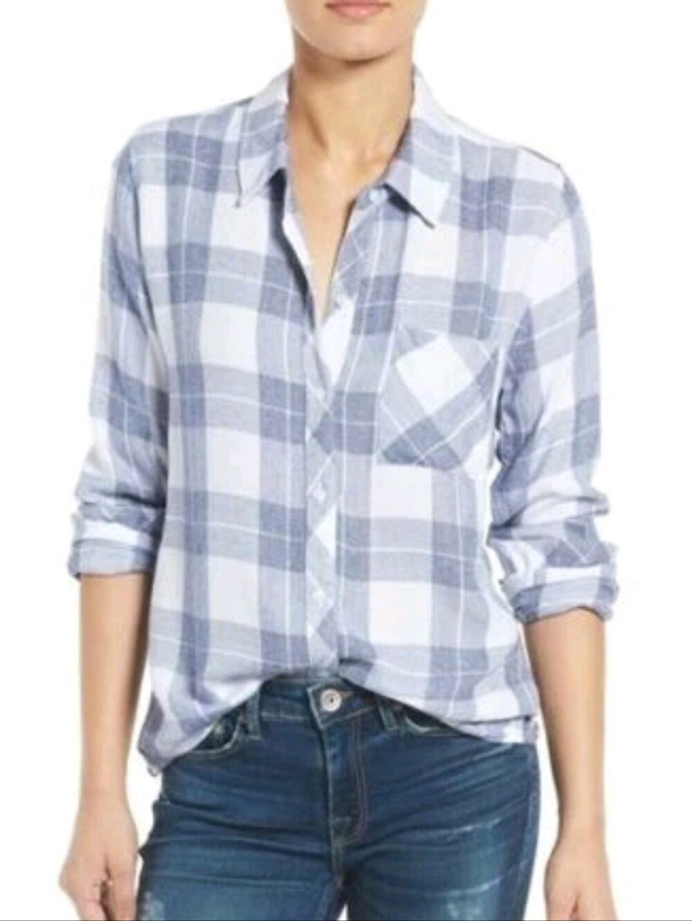 RAILS Hunter Plaid Buttondown Flannel Shirt Top Blue & White River Melange S euc